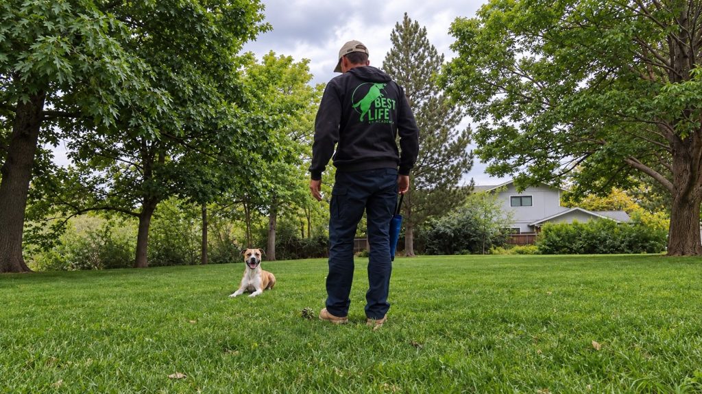 Gretchen practicing a down stay with her trainer in a grassy park.