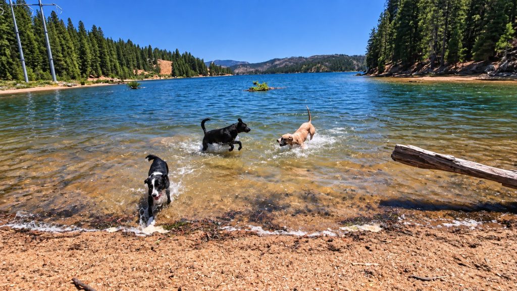 Leeloo, Nova, and Gretchen playing in the shallow water of a mountain lake.